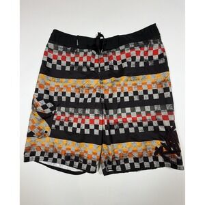 Rusty Board Shorts Surf Swim Trunks Ridgemont Checker Red Black Orange Yellow 36